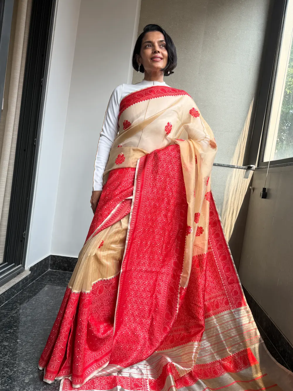Gold & Red Assam–Banaras Fusion Tissue Kora Silk Saree with Kaduwa Jamdani — Banarasi, Tissue Kora Silk, Varanasi, Uttar Pradesh & Assam, view 2
