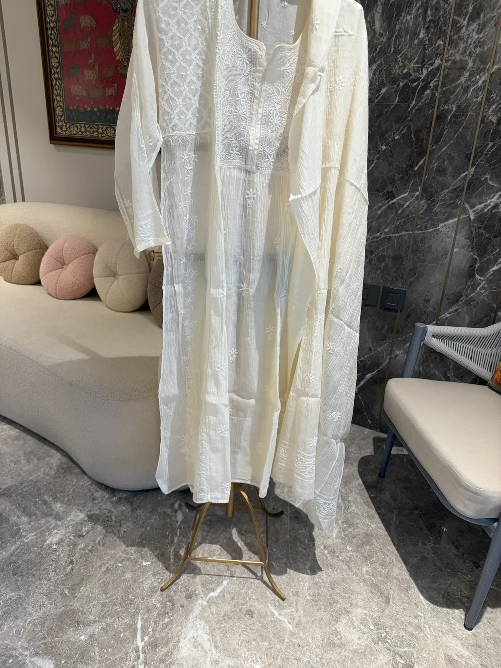 Ivory Crushed Organic Cotton Chikankari Suit Set with Hand Jaali Work — Organic Cotton, Lucknow, Uttar Pradesh