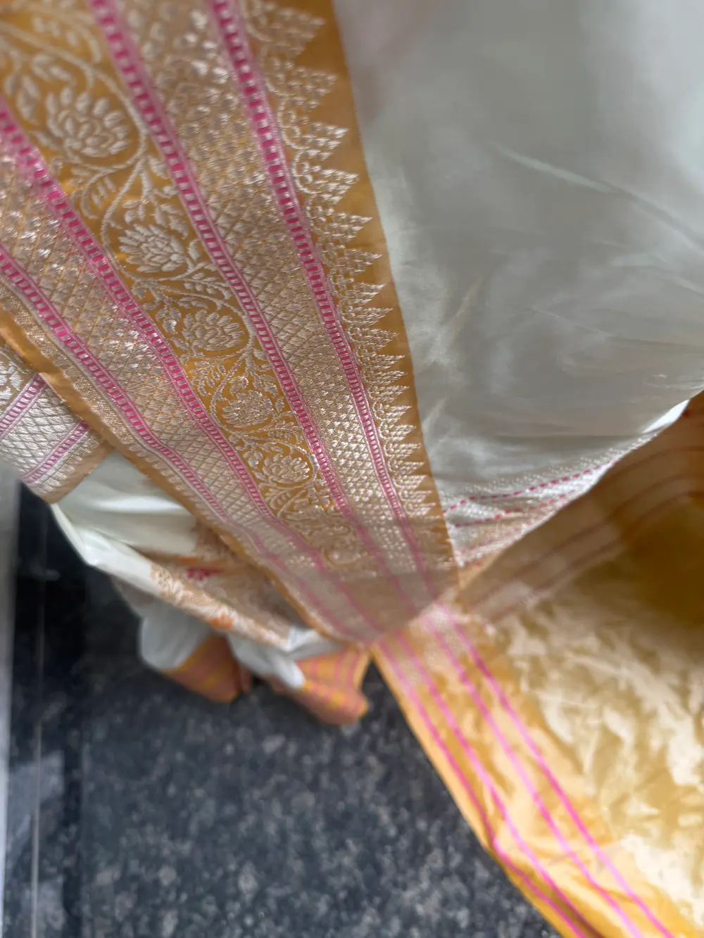 Ivory & Gold Kadwa Katan Silk Handloom Banarasi Saree — Banarasi, Katan Silk, Varanasi, Uttar Pradesh, view 10
