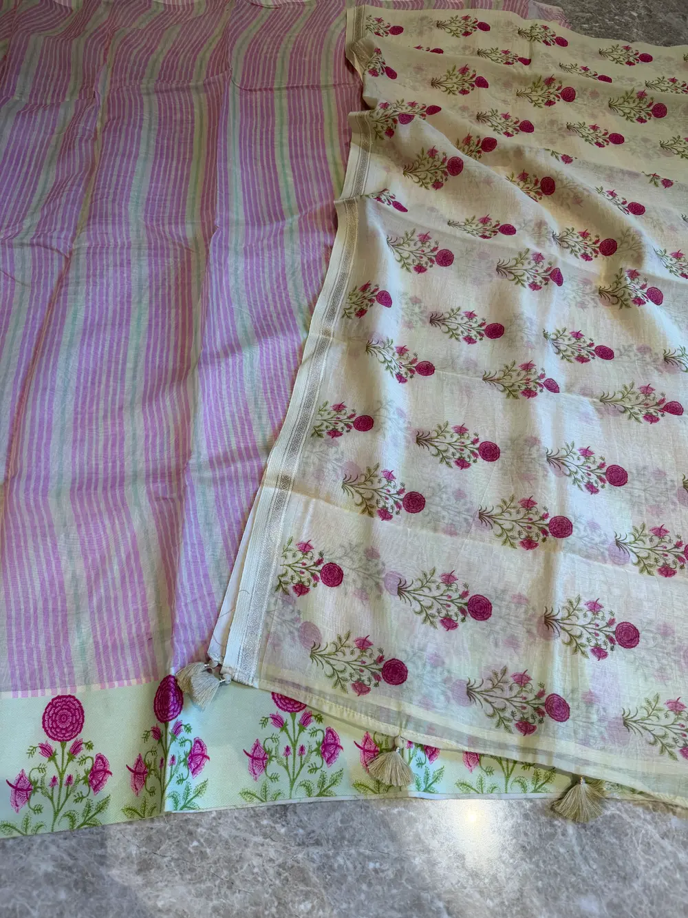 Ivory Silk Chanderi Unstitched Suit Set with Floral Print Dupatta — Silk Chanderi, Chanderi, Madhya Pradesh