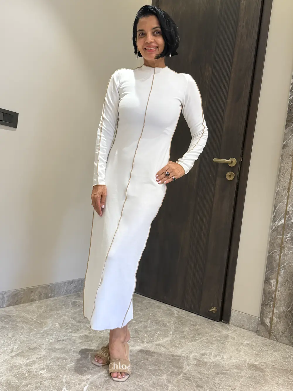 Ivory Ribbed Lycra Compression Bodycon Maxi Dress — Ribbed Lycra, Compression stretch knit with contrast piping, view 4