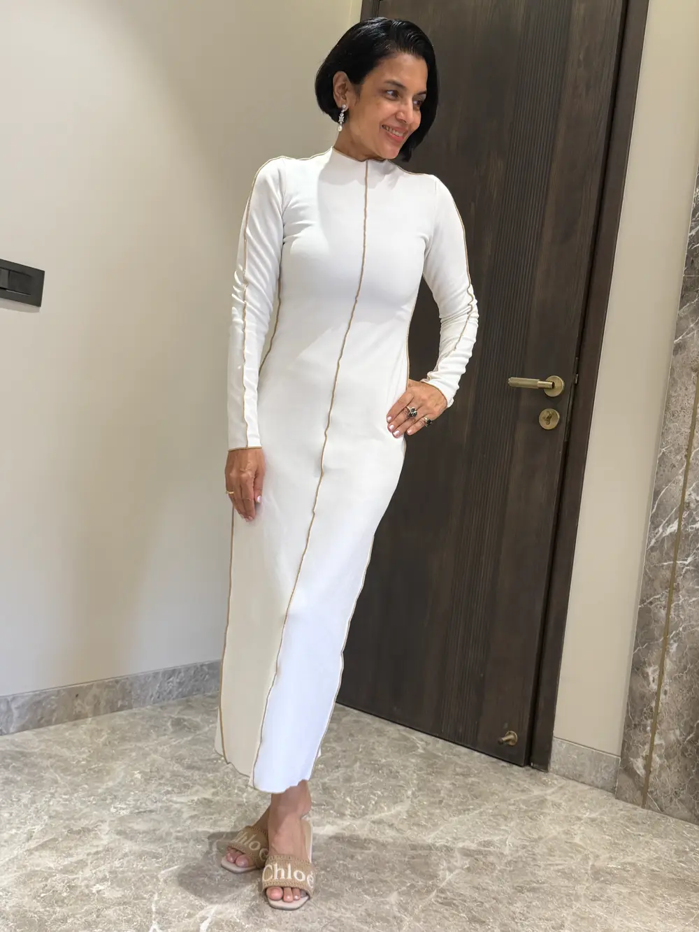 Ivory Ribbed Lycra Compression Bodycon Maxi Dress — Ribbed Lycra, Compression stretch knit with contrast piping