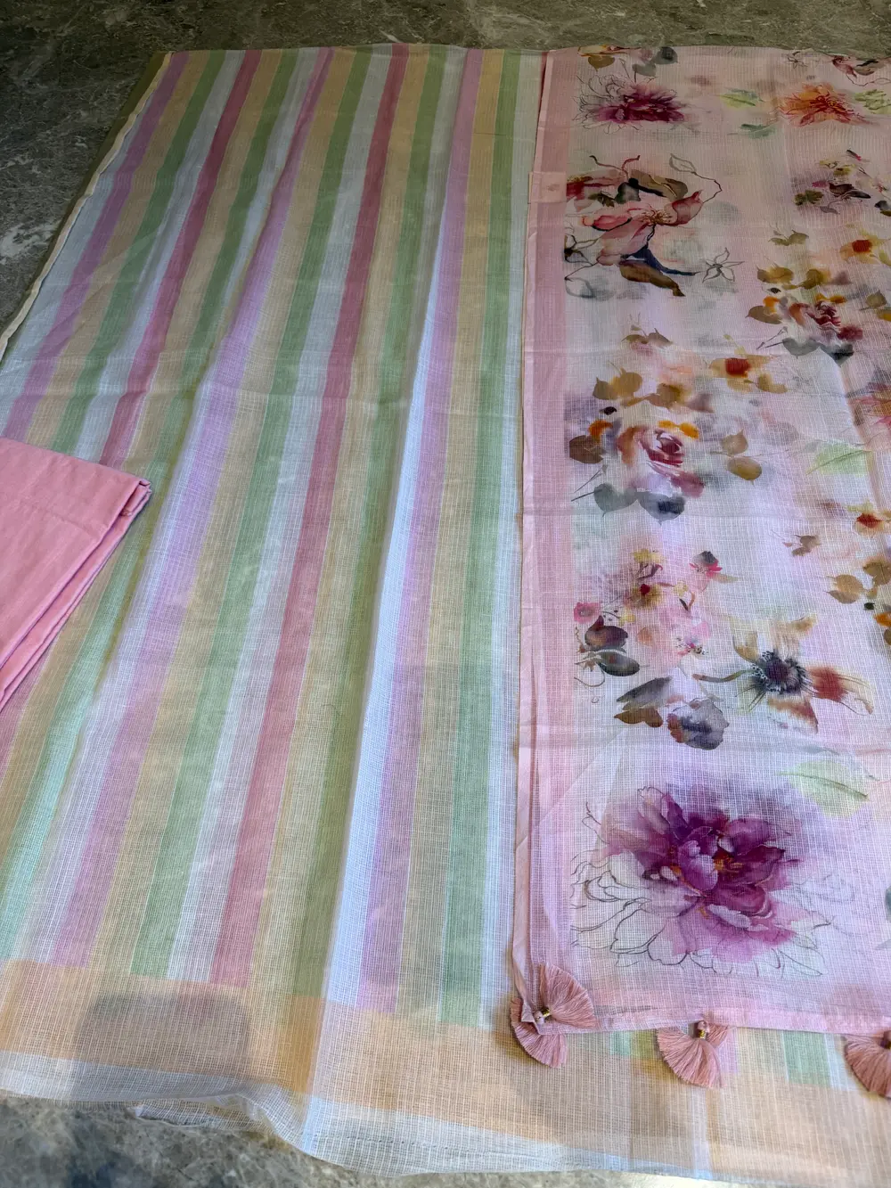 Kota Doria Pastel Stripe & Floral Print Unstitched Suit Set — Kota Doria, Kota, Rajasthan