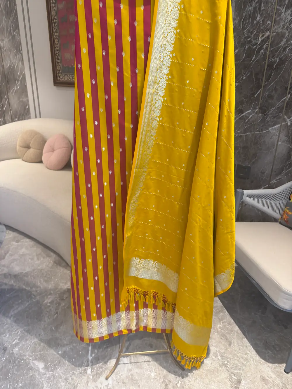 Marigold Yellow Mushroo Satin Striped Unstitched Suit Set — Mushroo Satin, India, view 4