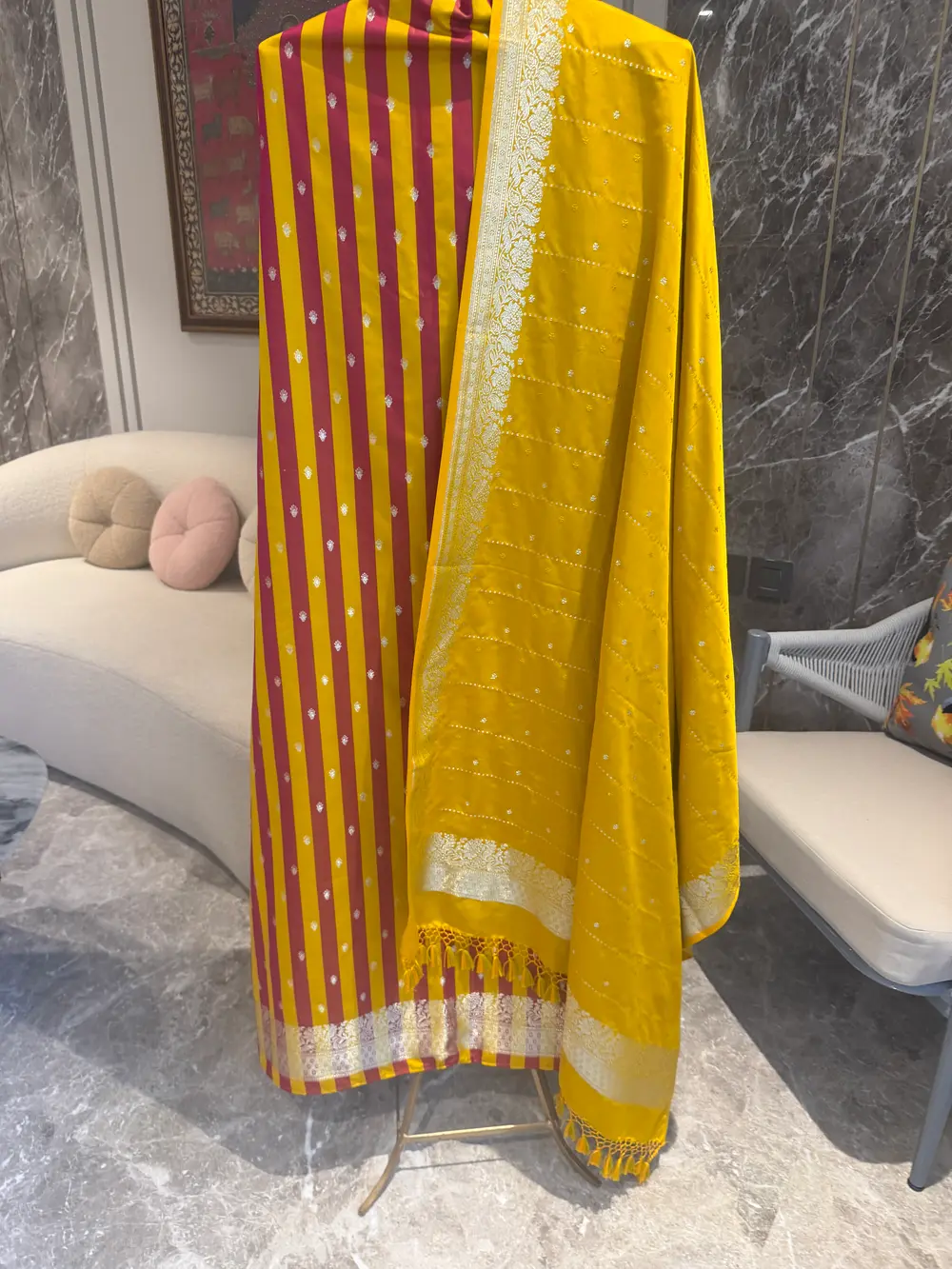 Marigold Yellow Mushroo Satin Striped Unstitched Suit Set — Mushroo Satin, India, view 3