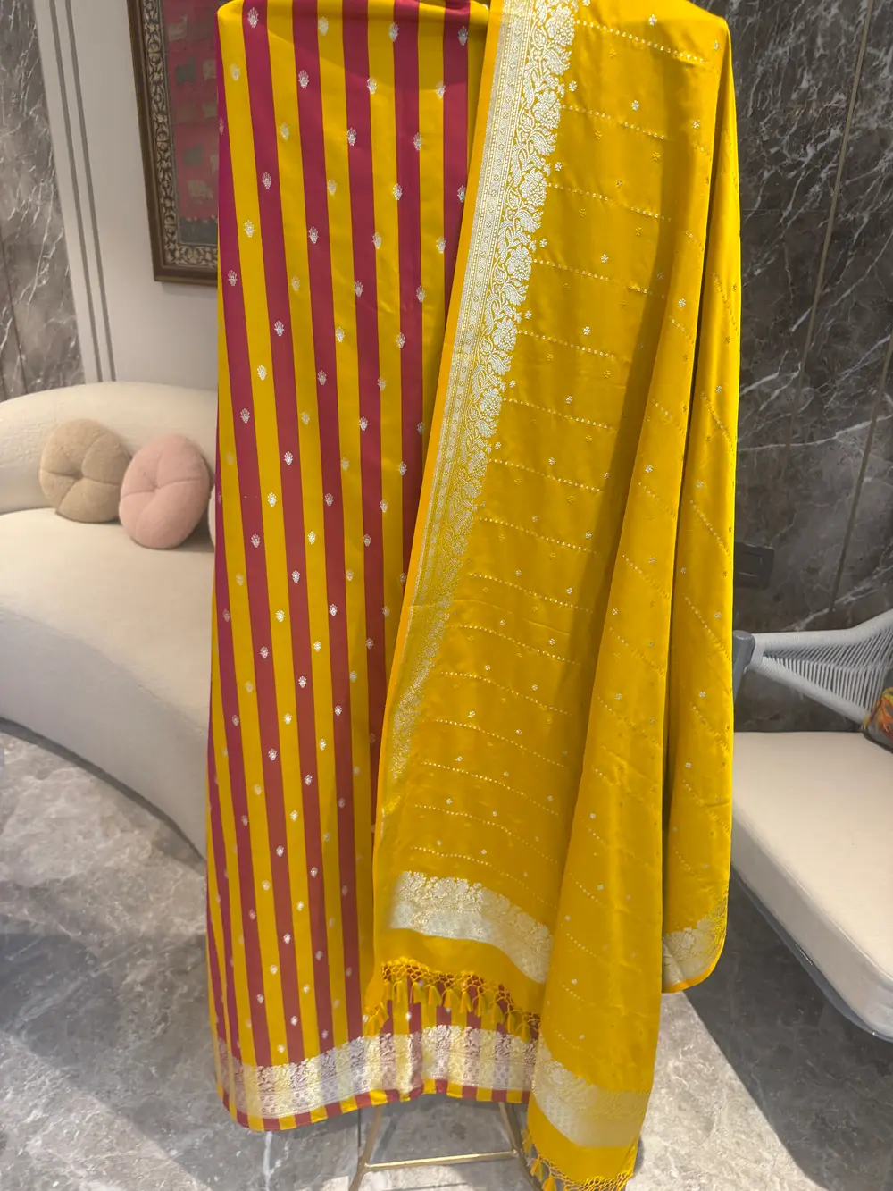 Marigold Yellow Mushroo Satin Striped Unstitched Suit Set — Mushroo Satin, India, view 2