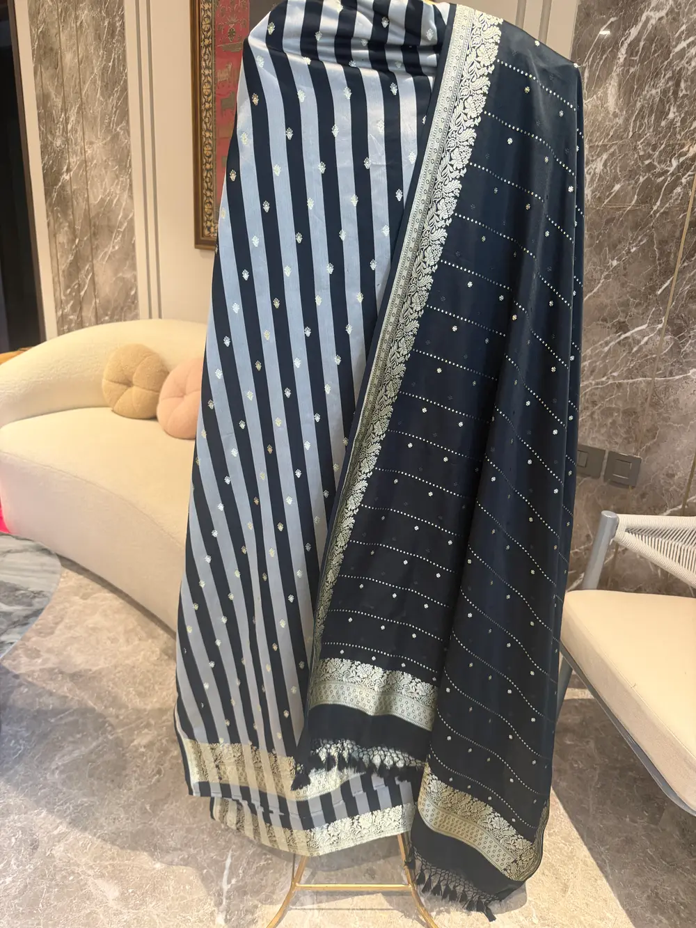 Black & Silver Mushroo Satin Striped Unstitched Suit Set — Mushroo Satin, India, view 3