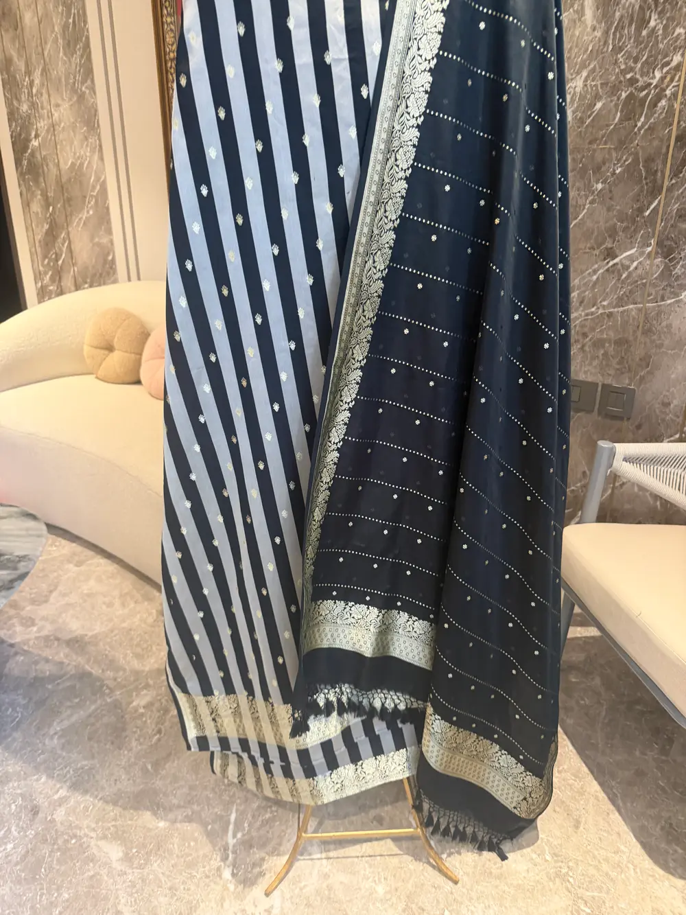 Black & Silver Mushroo Satin Striped Unstitched Suit Set — Mushroo Satin, India, view 2