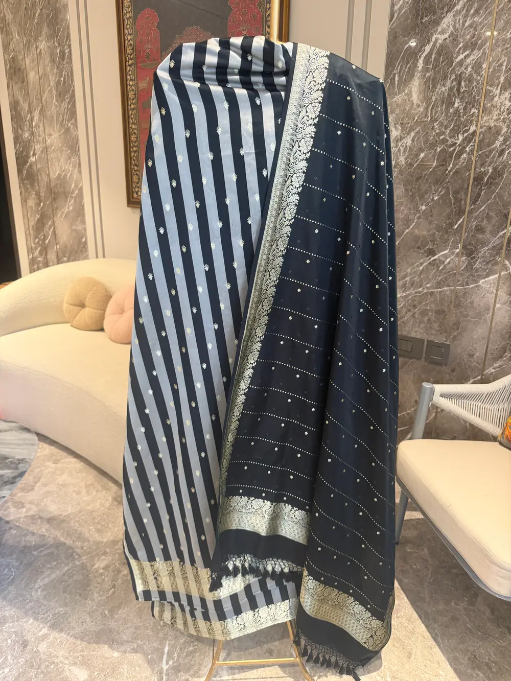 Black & Silver Mushroo Satin Striped Unstitched Suit Set — Mushroo Satin, India