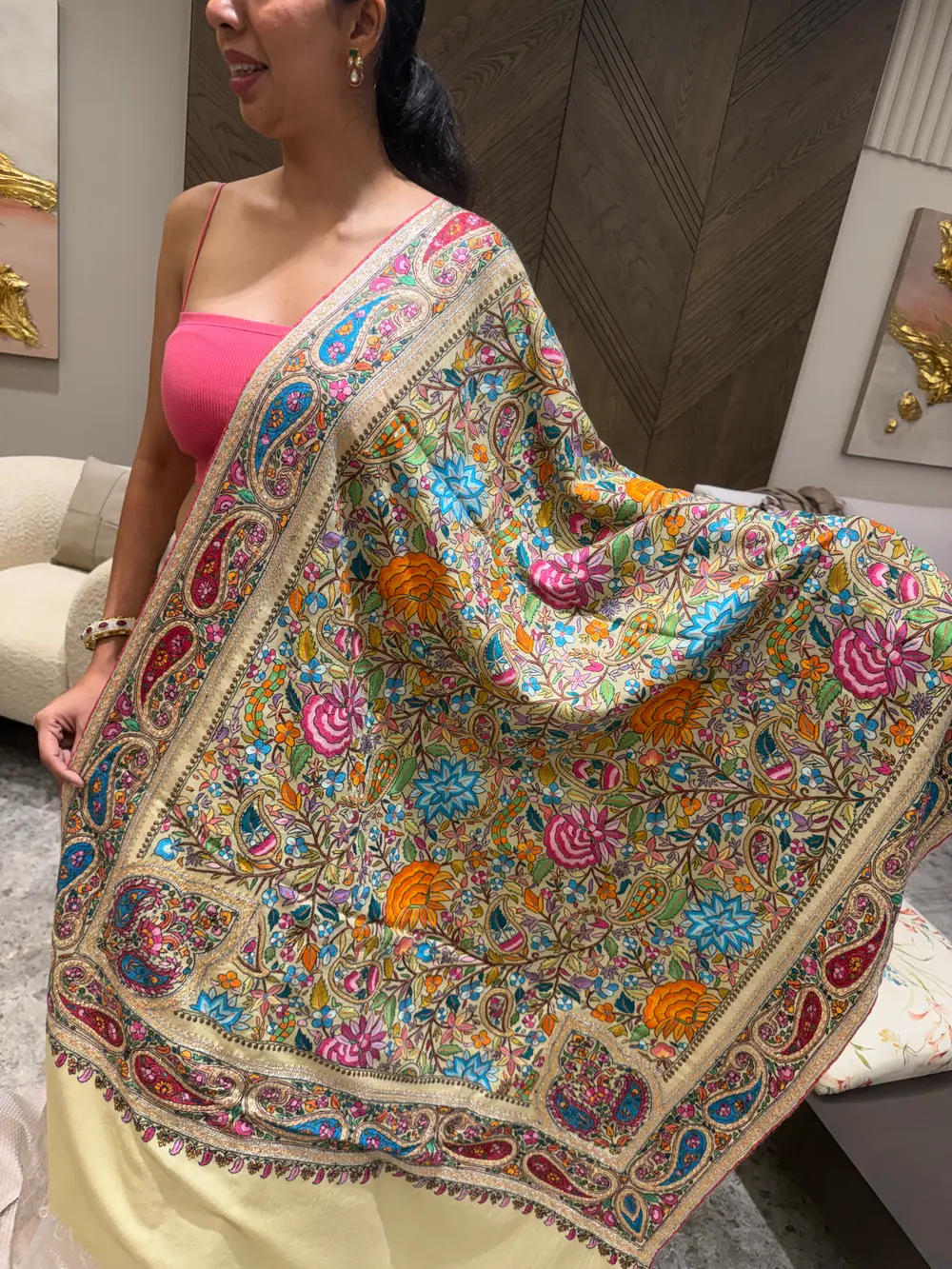 Ladies Pure Pashmina Chashme Bulbul Hand Embroidered Shawl with Tilla Koniyas — Hand Woven, Pure Pashmina, Kashmir