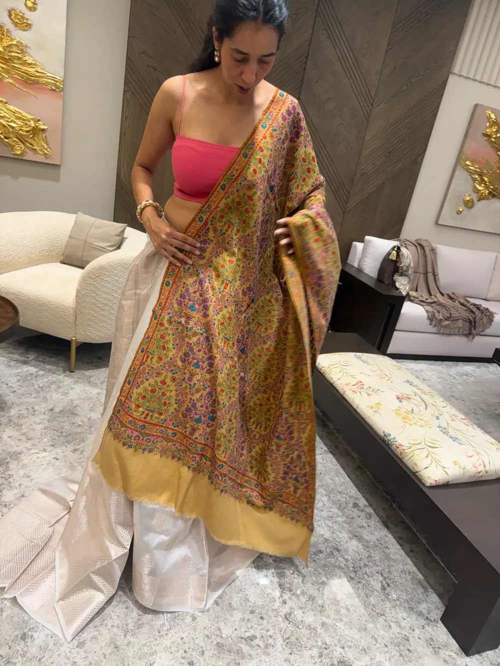 Ladies Pure Pashmina Hand Embroidered Sozni Needlework Shawl in Mustard — Hand Woven, Pure Pashmina, Kashmir
