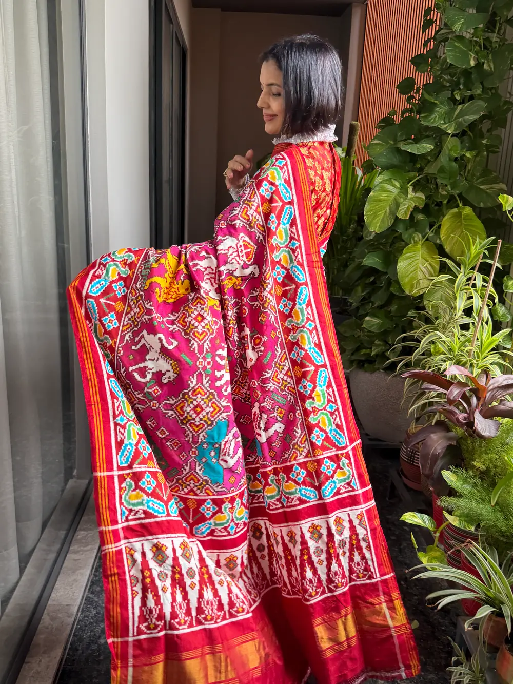 Double Ikat Patan Patola Silk Saree in Crimson & Magenta — Animal Bhat — Patan Patola, Pure Silk, Patan, Gujarat