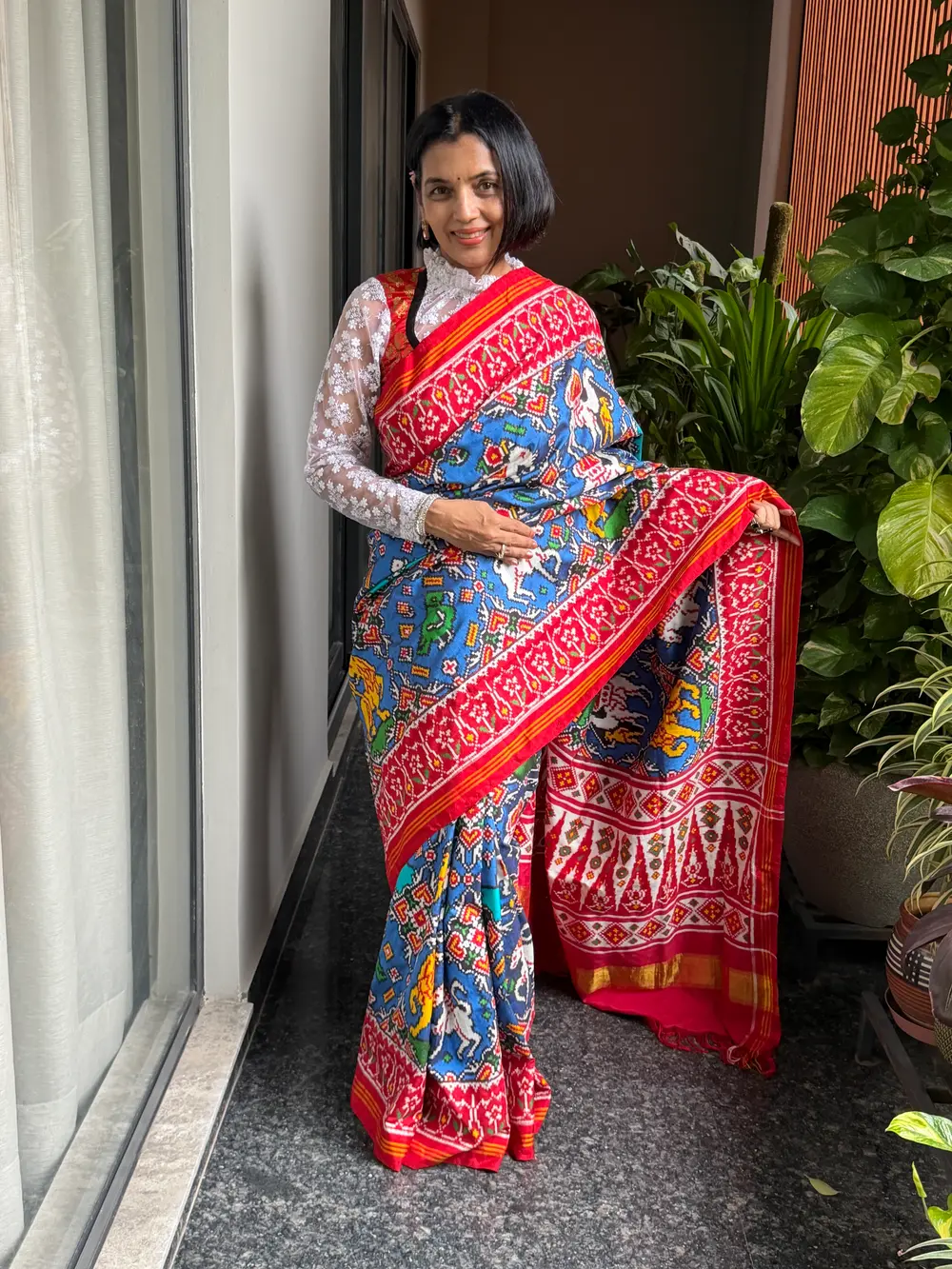 Double Ikat Patan Patola Silk Saree in Red & Blue — Animal Bhat — Patan Patola, Pure Silk, Patan, Gujarat