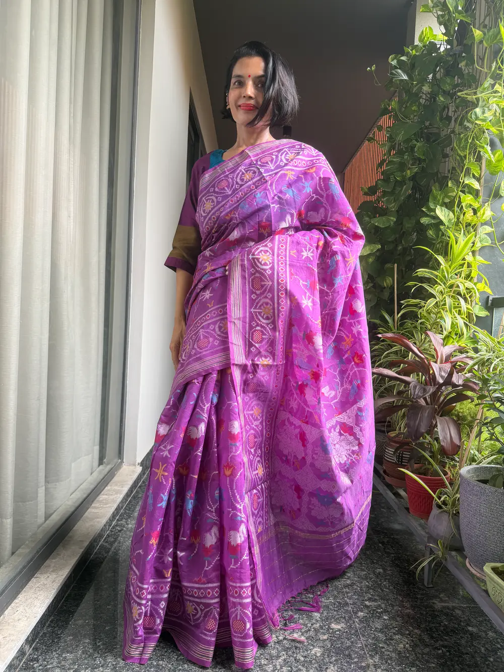 Purple Cotton Cutwork Jamdani Patola-Inspired Banarasi Saree — Banarasi, Cotton, Varanasi, Uttar Pradesh, view 4