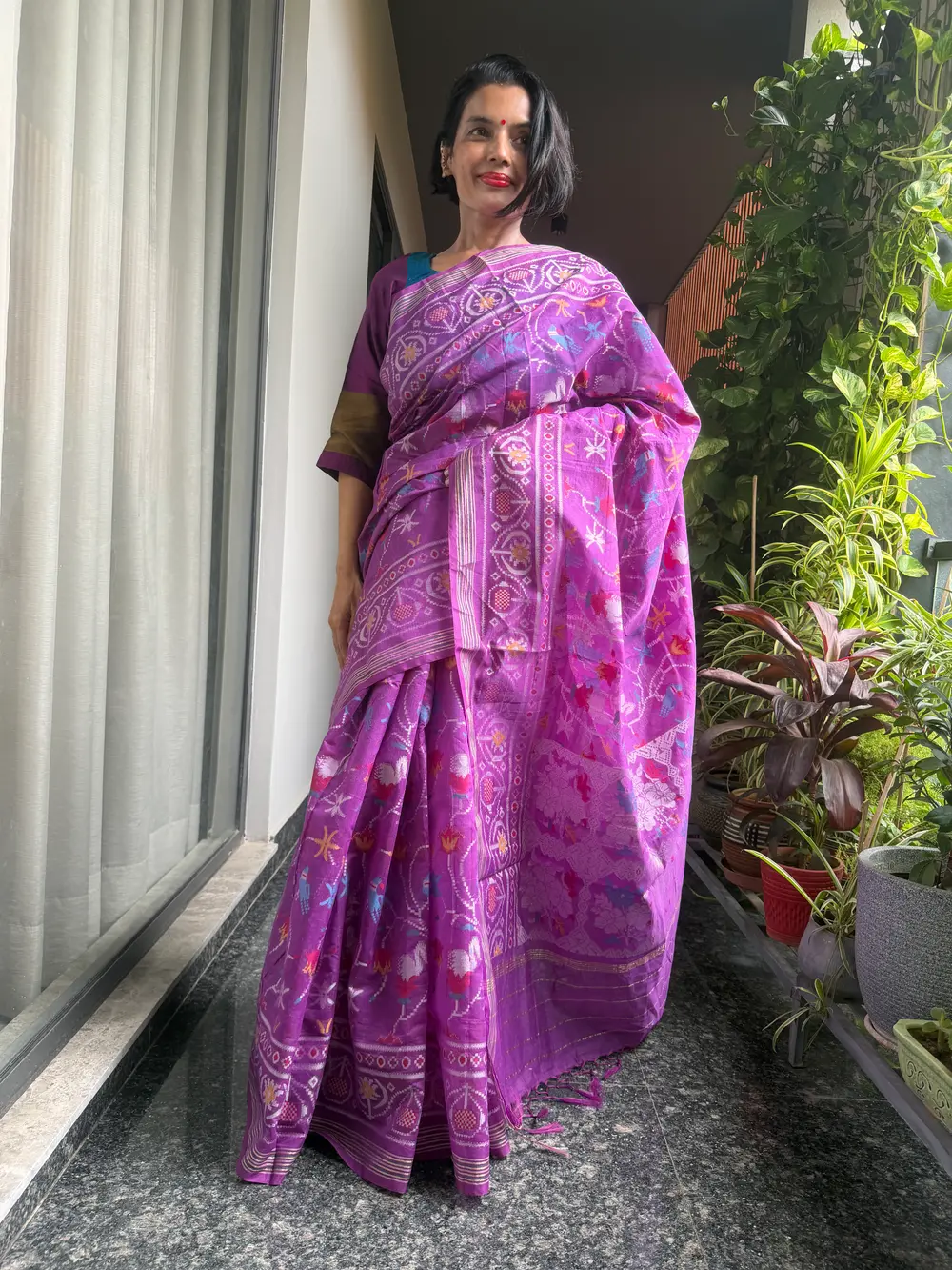 Purple Cotton Cutwork Jamdani Patola-Inspired Banarasi Saree — Banarasi, Cotton, Varanasi, Uttar Pradesh, view 3