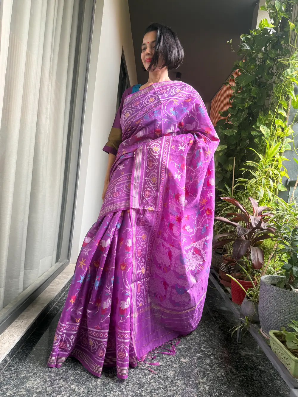 Purple Cotton Cutwork Jamdani Patola-Inspired Banarasi Saree — Banarasi, Cotton, Varanasi, Uttar Pradesh, view 2