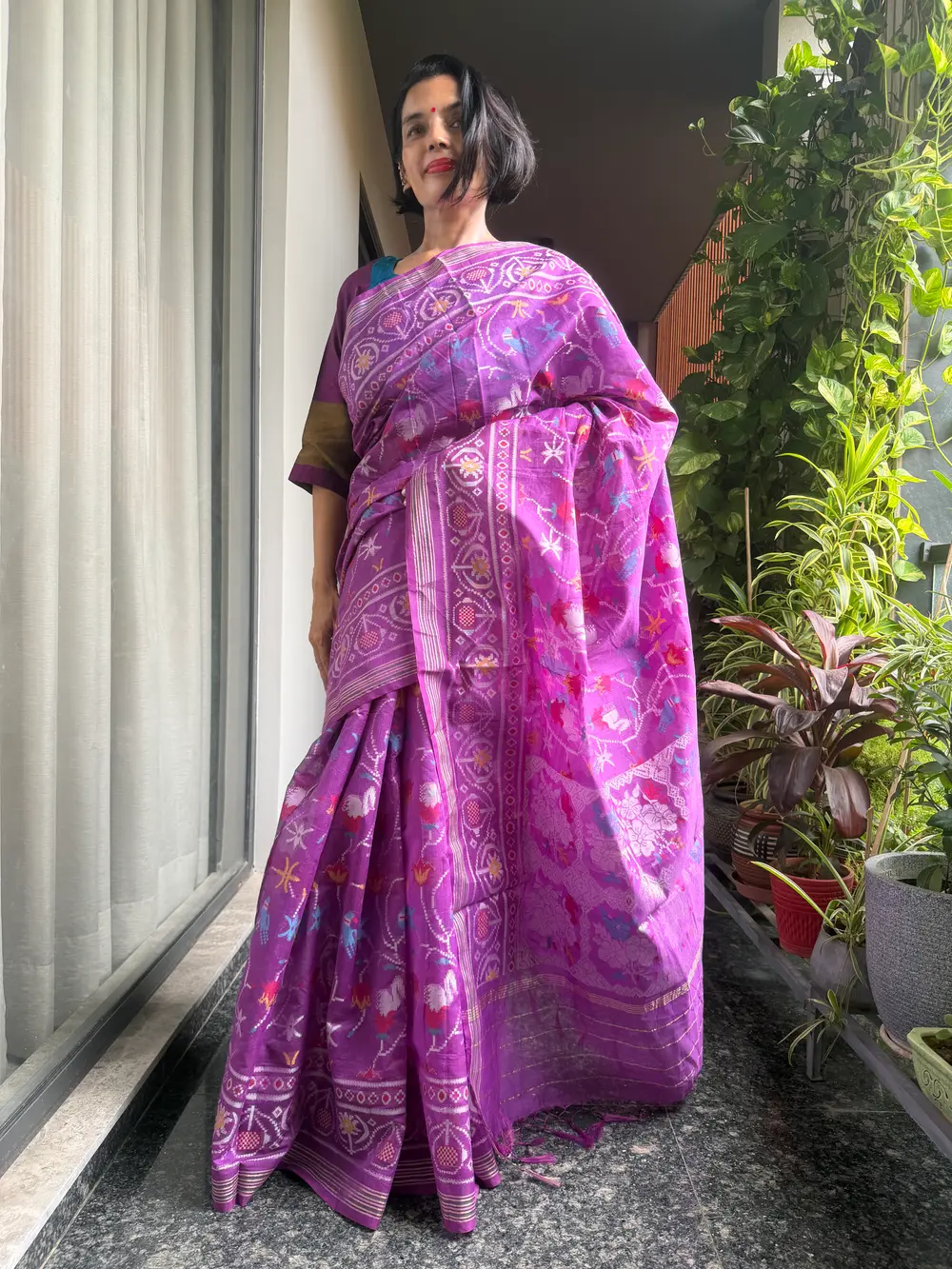 Purple Cotton Cutwork Jamdani Patola-Inspired Banarasi Saree — Banarasi, Cotton, Varanasi, Uttar Pradesh