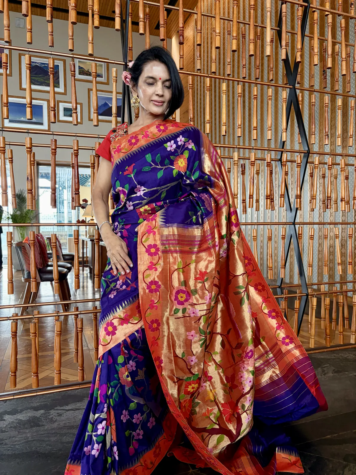 Royal Blue Silk Brocade Meenakari Jaal Paithani Saree — Paithani, Pure Silk, Yeola, Maharashtra, view 7