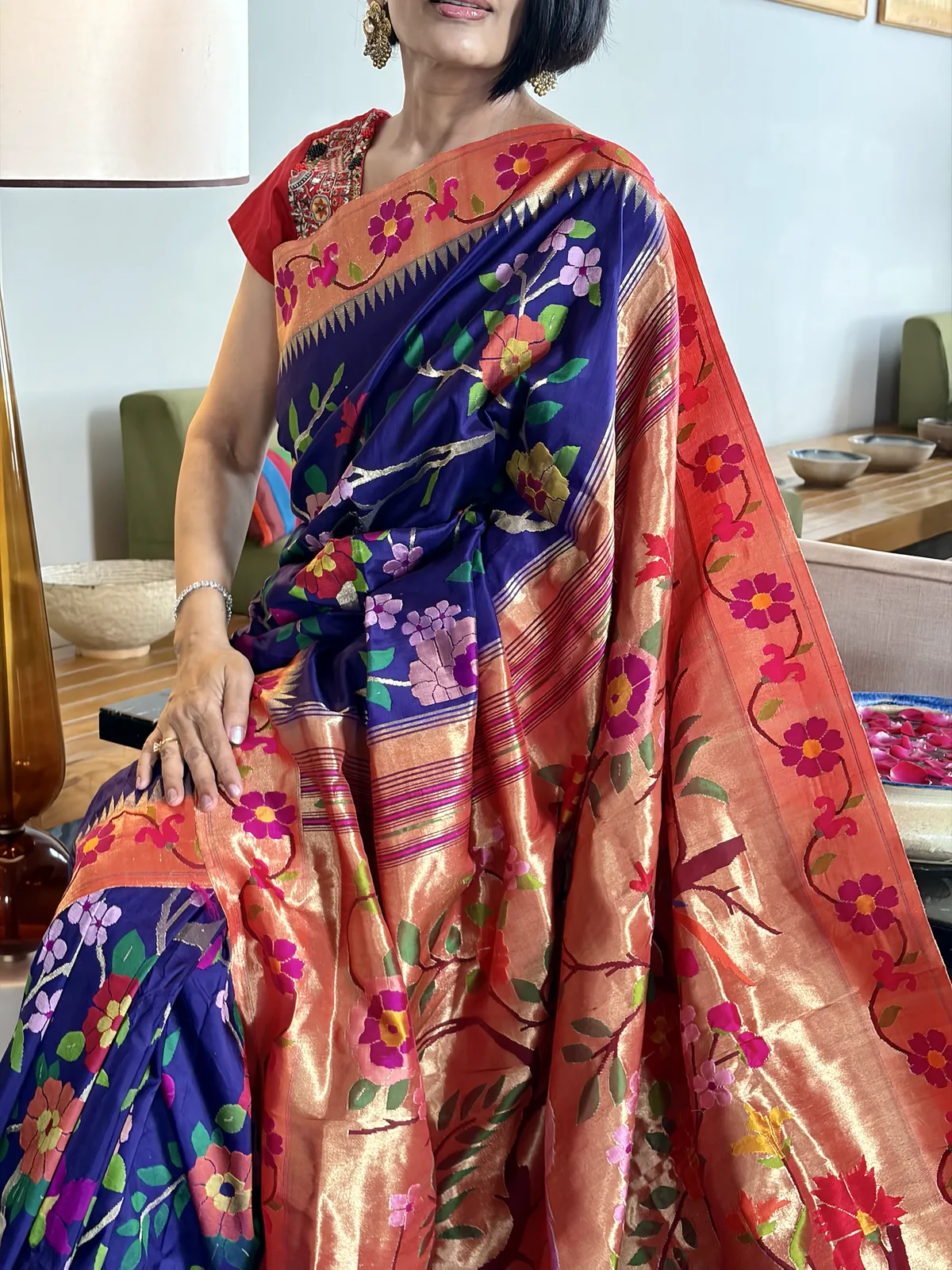 Royal Blue Silk Brocade Meenakari Jaal Paithani Saree — Paithani, Pure Silk, Yeola, Maharashtra, view 9