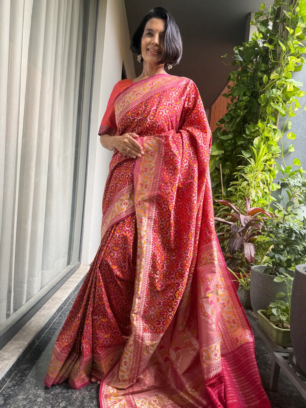 Rani Pink Ektara Katan Silk Cutwork Jamdani Banarasi Saree — Banarasi, Ektara Katan Silk, Varanasi, Uttar Pradesh, view 2