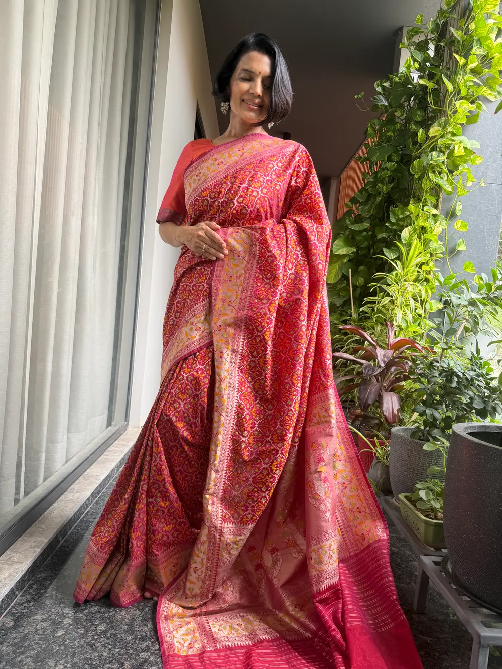 Rani Pink Ektara Katan Silk Cutwork Jamdani Banarasi Saree — Banarasi, Ektara Katan Silk, Varanasi, Uttar Pradesh, view 6