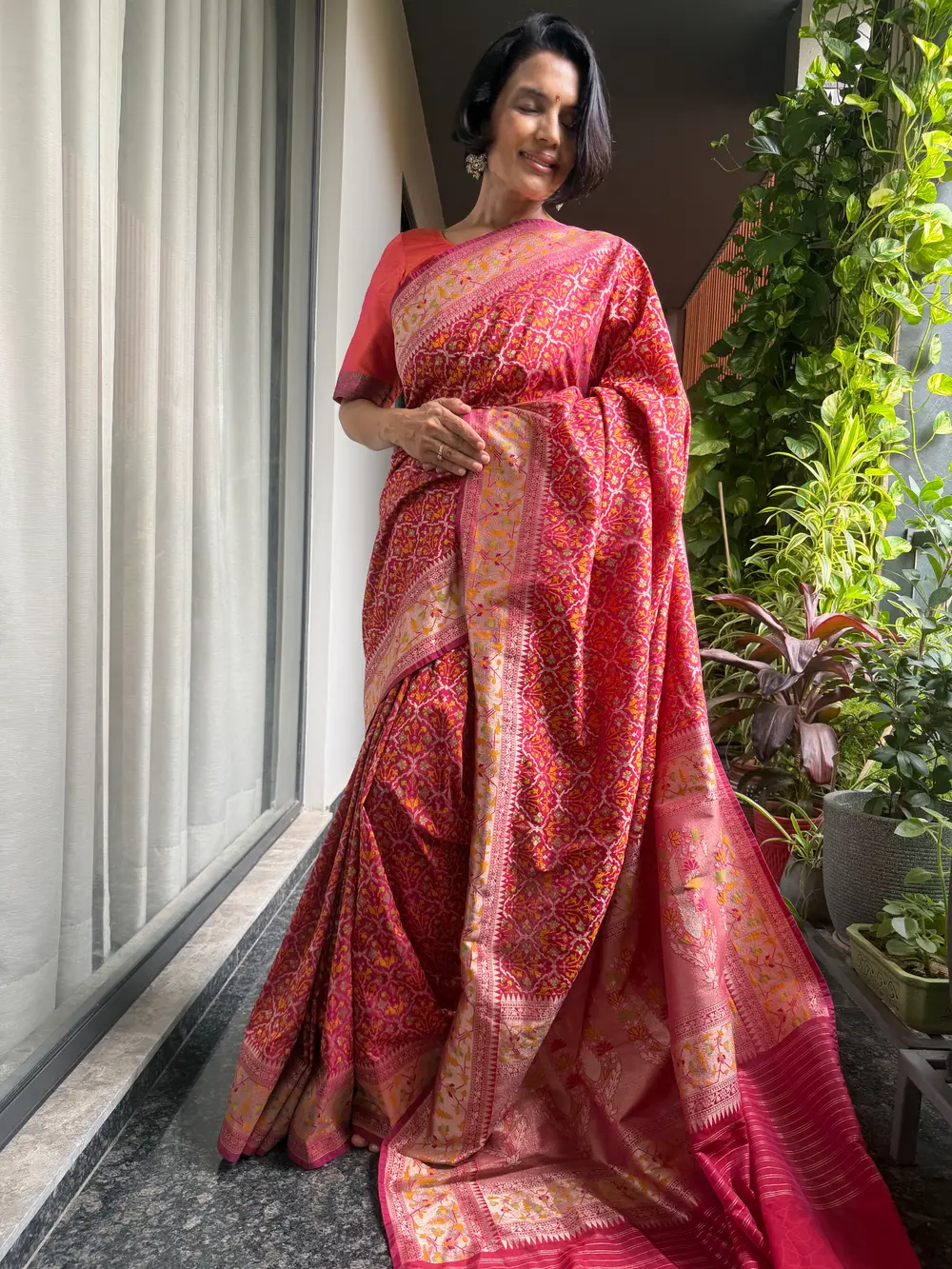 Rani Pink Ektara Katan Silk Cutwork Jamdani Banarasi Saree — Banarasi, Ektara Katan Silk, Varanasi, Uttar Pradesh, view 4