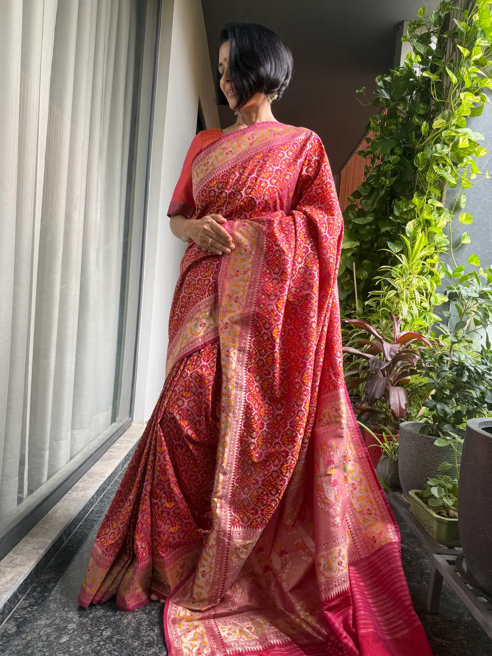 Rani Pink Ektara Katan Silk Cutwork Jamdani Banarasi Saree — Banarasi, Ektara Katan Silk, Varanasi, Uttar Pradesh, view 5