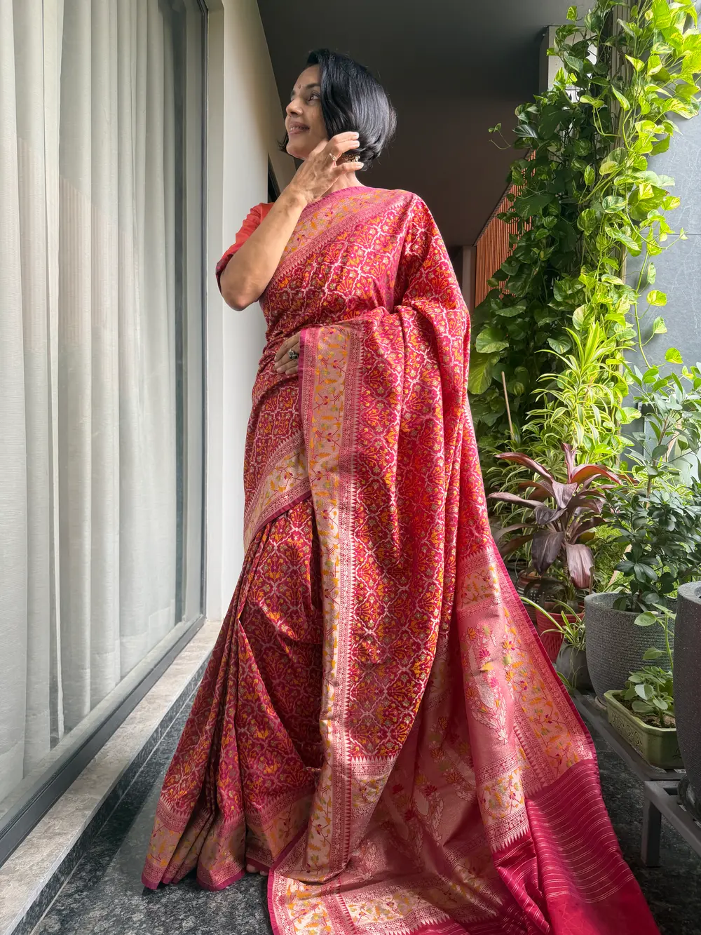 Rani Pink Ektara Katan Silk Cutwork Jamdani Banarasi Saree — Banarasi, Ektara Katan Silk, Varanasi, Uttar Pradesh, view 3