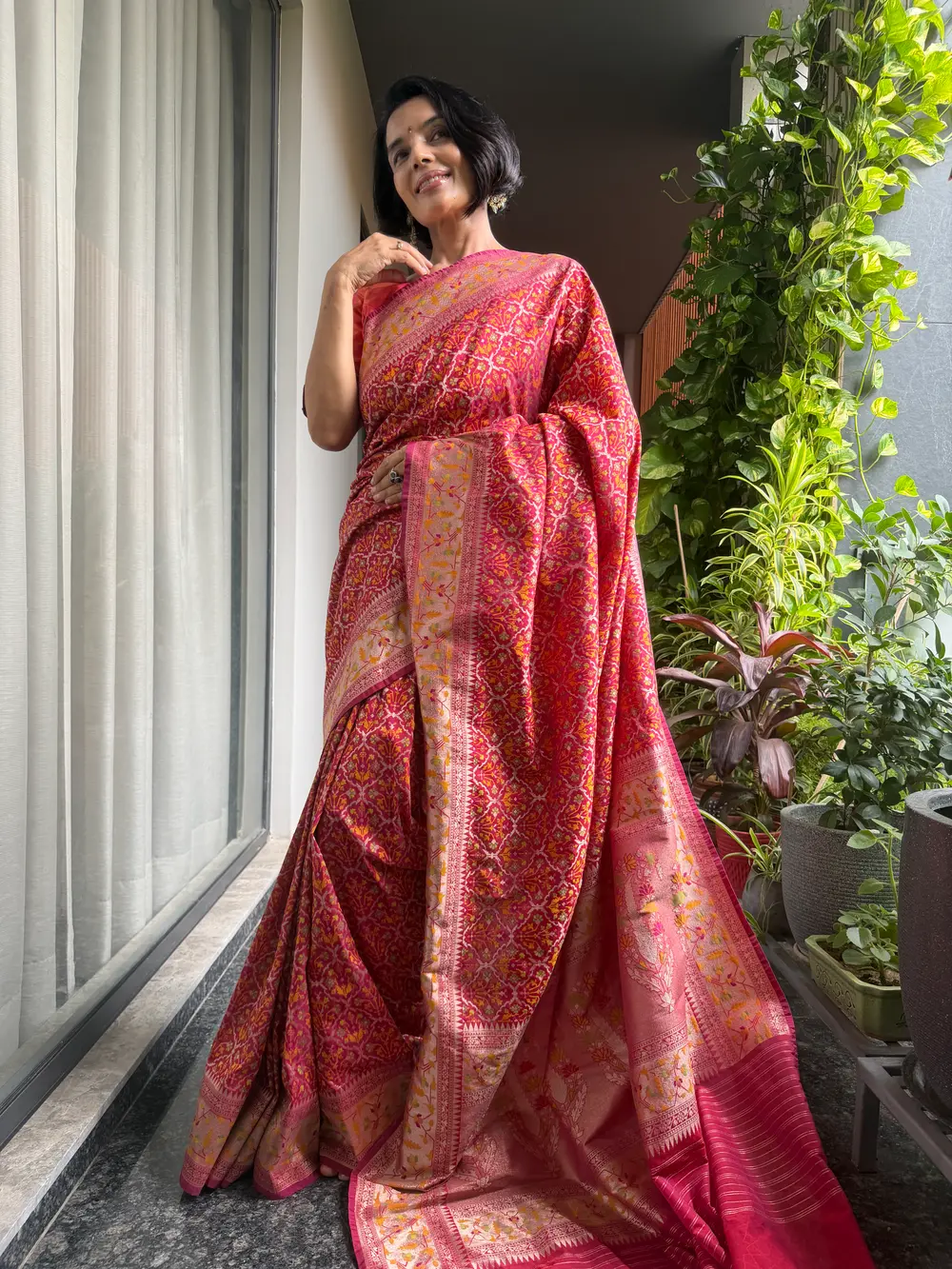 Rani Pink Ektara Katan Silk Cutwork Jamdani Banarasi Saree — Banarasi, Ektara Katan Silk, Varanasi, Uttar Pradesh, view 7