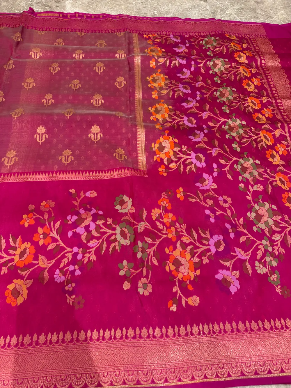 Rani Pink Kora Silk Banarasi Saree with Meenakari Floral Border — Banarasi, Kora Silk & Katan Silk, Varanasi, Uttar Pradesh, view 8