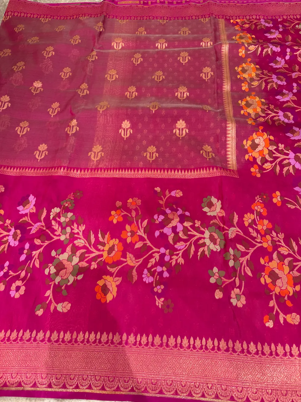 Rani Pink Kora Silk Banarasi Saree with Meenakari Floral Border — Banarasi, Kora Silk & Katan Silk, Varanasi, Uttar Pradesh, view 9