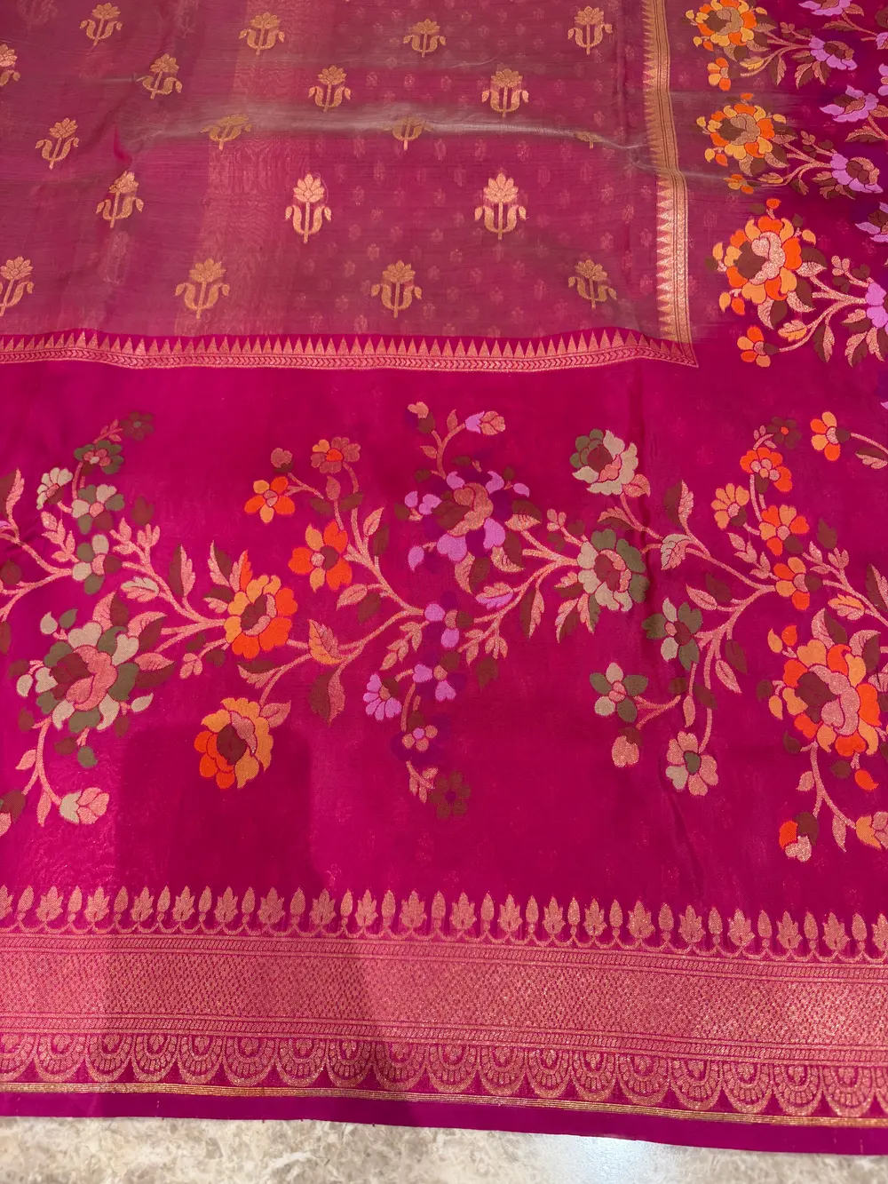 Rani Pink Kora Silk Banarasi Saree with Meenakari Floral Border — Banarasi, Kora Silk & Katan Silk, Varanasi, Uttar Pradesh, view 10