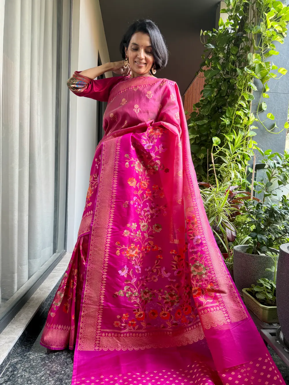 Rani Pink Kora Silk Banarasi Saree with Meenakari Floral Border — Banarasi, Kora Silk & Katan Silk, Varanasi, Uttar Pradesh, view 5