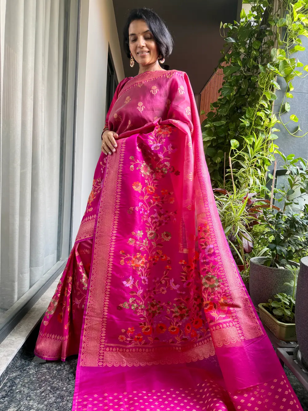 Rani Pink Kora Silk Banarasi Saree with Meenakari Floral Border — Banarasi, Kora Silk & Katan Silk, Varanasi, Uttar Pradesh, view 3