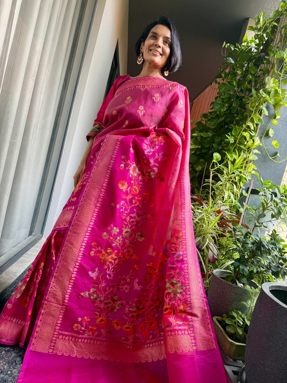 Rani Pink Kora Silk Banarasi Saree with Meenakari Floral Border — Banarasi, Kora Silk & Katan Silk, Varanasi, Uttar Pradesh, view 7
