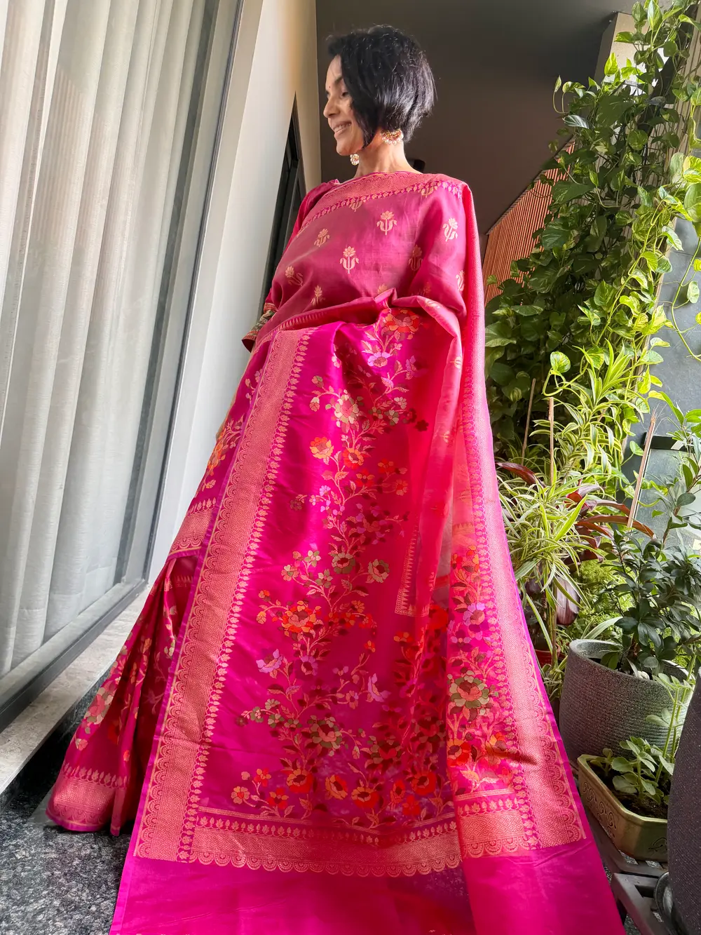 Rani Pink Kora Silk Banarasi Saree with Meenakari Floral Border — Banarasi, Kora Silk & Katan Silk, Varanasi, Uttar Pradesh, view 2