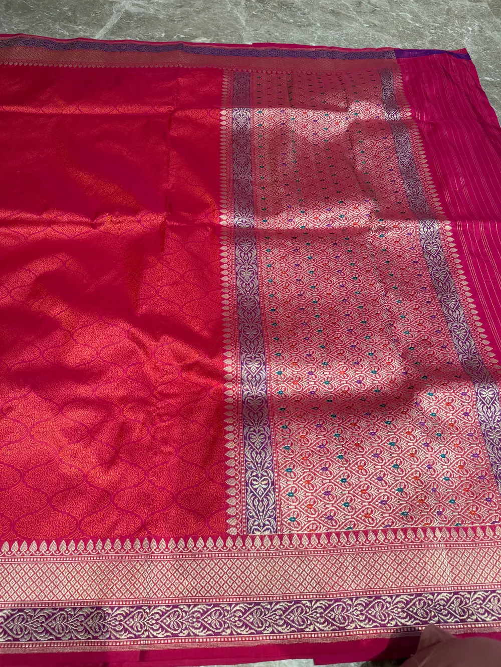 Rani Pink Silk Tanchoi Banarasi Saree with Kaduwa Meenakari Border & Pallu — Banarasi, Silk, Varanasi, Uttar Pradesh, view 5