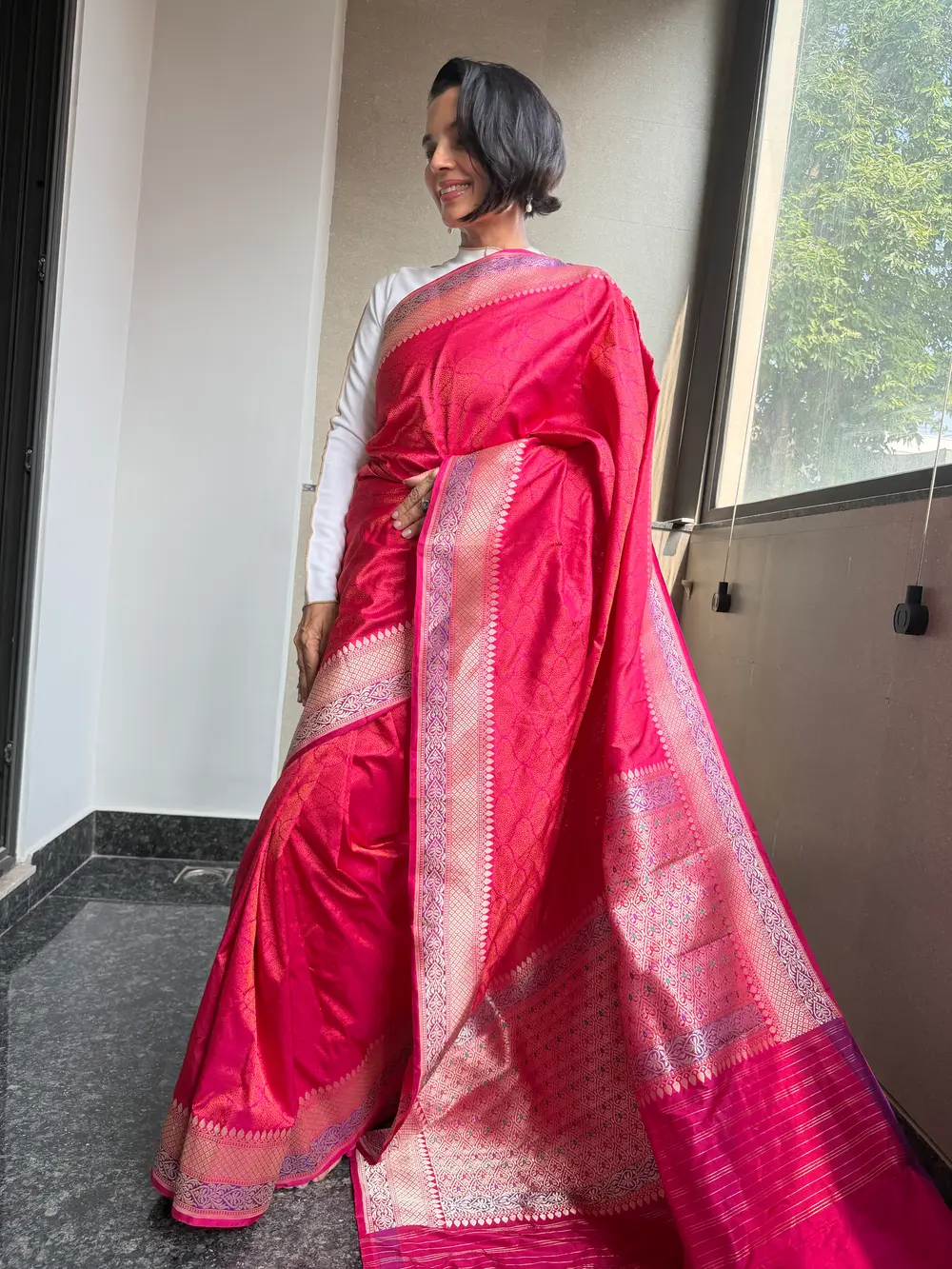 Rani Pink Silk Tanchoi Banarasi Saree with Kaduwa Meenakari Border & Pallu — Banarasi, Silk, Varanasi, Uttar Pradesh, view 2