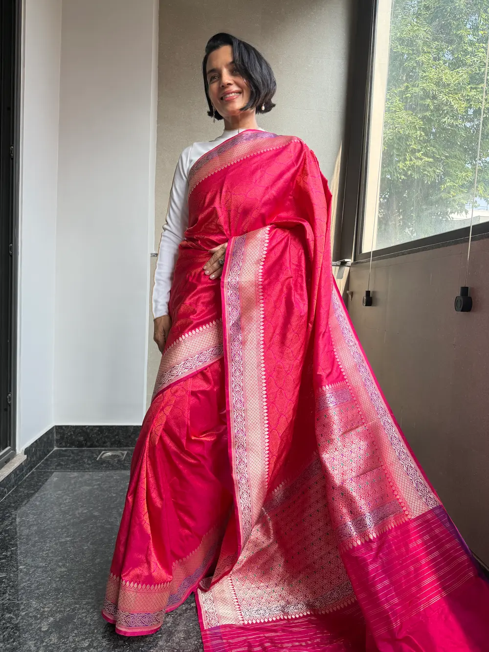 Rani Pink Silk Tanchoi Banarasi Saree with Kaduwa Meenakari Border & Pallu — Banarasi, Silk, Varanasi, Uttar Pradesh, view 3