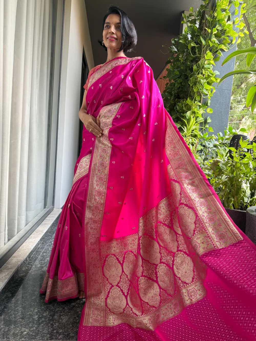 Rani Pink Vintage-Inspired Mushroo Silk Banarasi Saree — Banarasi, Mushroo Silk, Varanasi, Uttar Pradesh, view 5