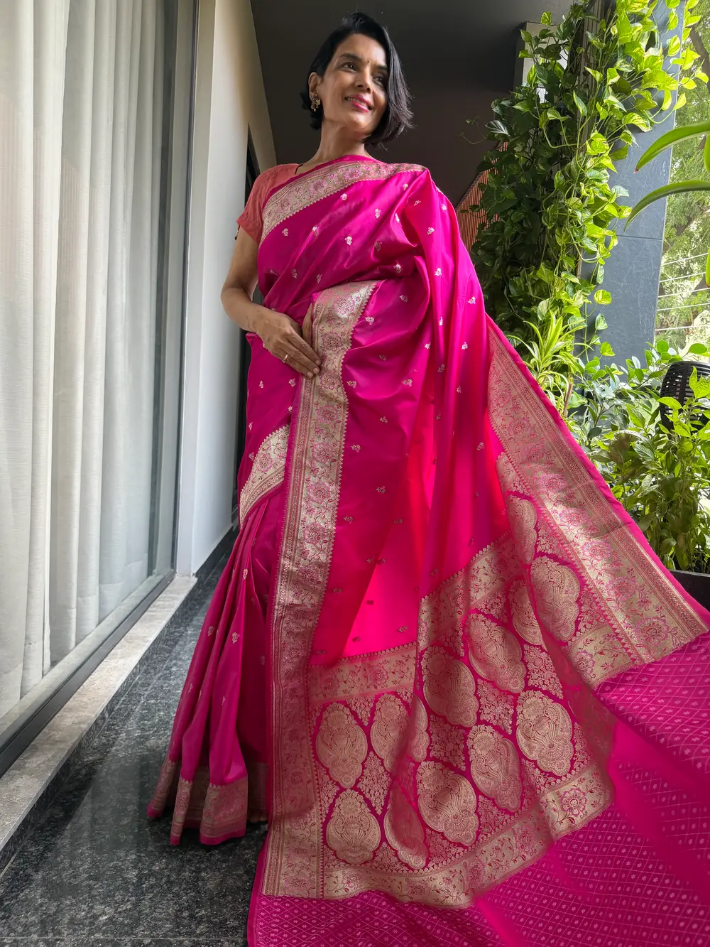 Rani Pink Vintage-Inspired Mushroo Silk Banarasi Saree — Banarasi, Mushroo Silk, Varanasi, Uttar Pradesh, view 2