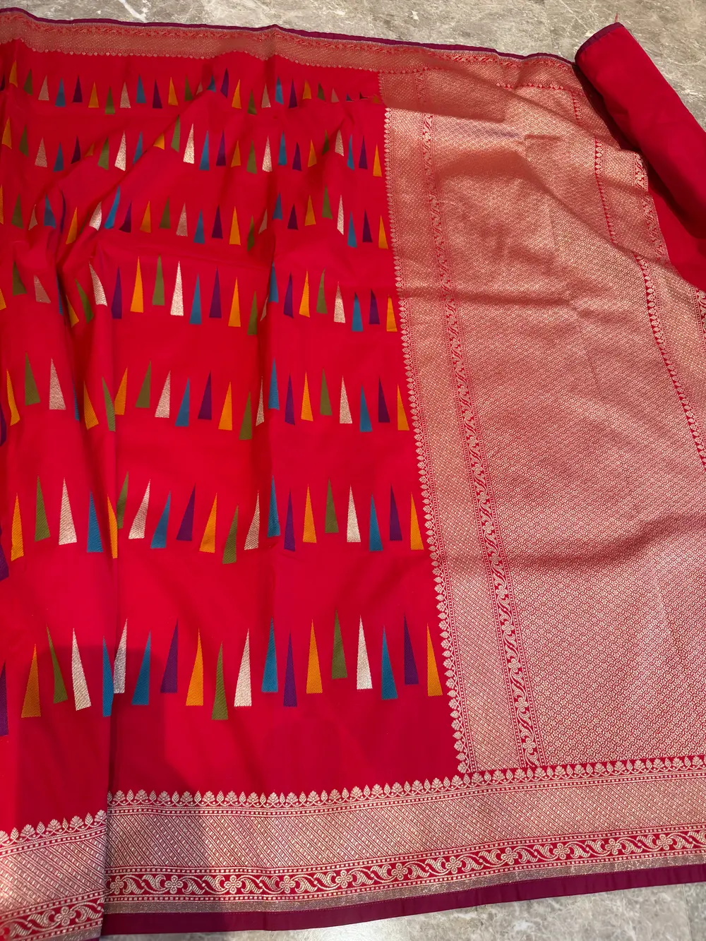Red Ektara Katan Silk Multi-Meena Geometric Banarasi Saree — Banarasi, Ektara Katan Silk, Varanasi, Uttar Pradesh, view 7