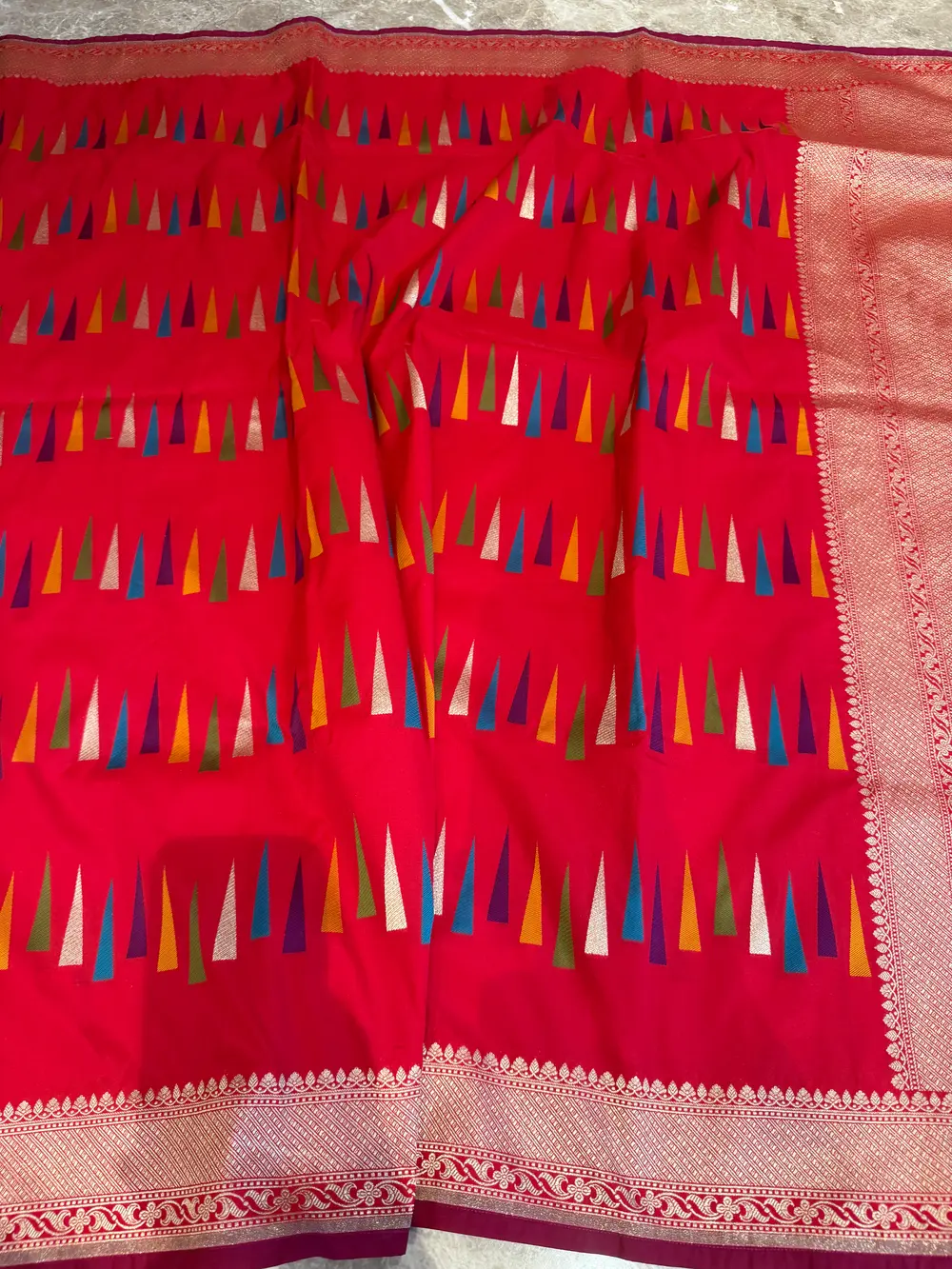 Red Ektara Katan Silk Multi-Meena Geometric Banarasi Saree — Banarasi, Ektara Katan Silk, Varanasi, Uttar Pradesh, view 8