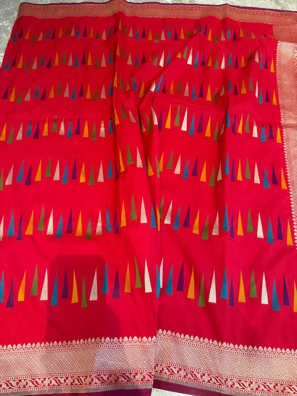 Red Ektara Katan Silk Multi-Meena Geometric Banarasi Saree — Banarasi, Ektara Katan Silk, Varanasi, Uttar Pradesh, view 9