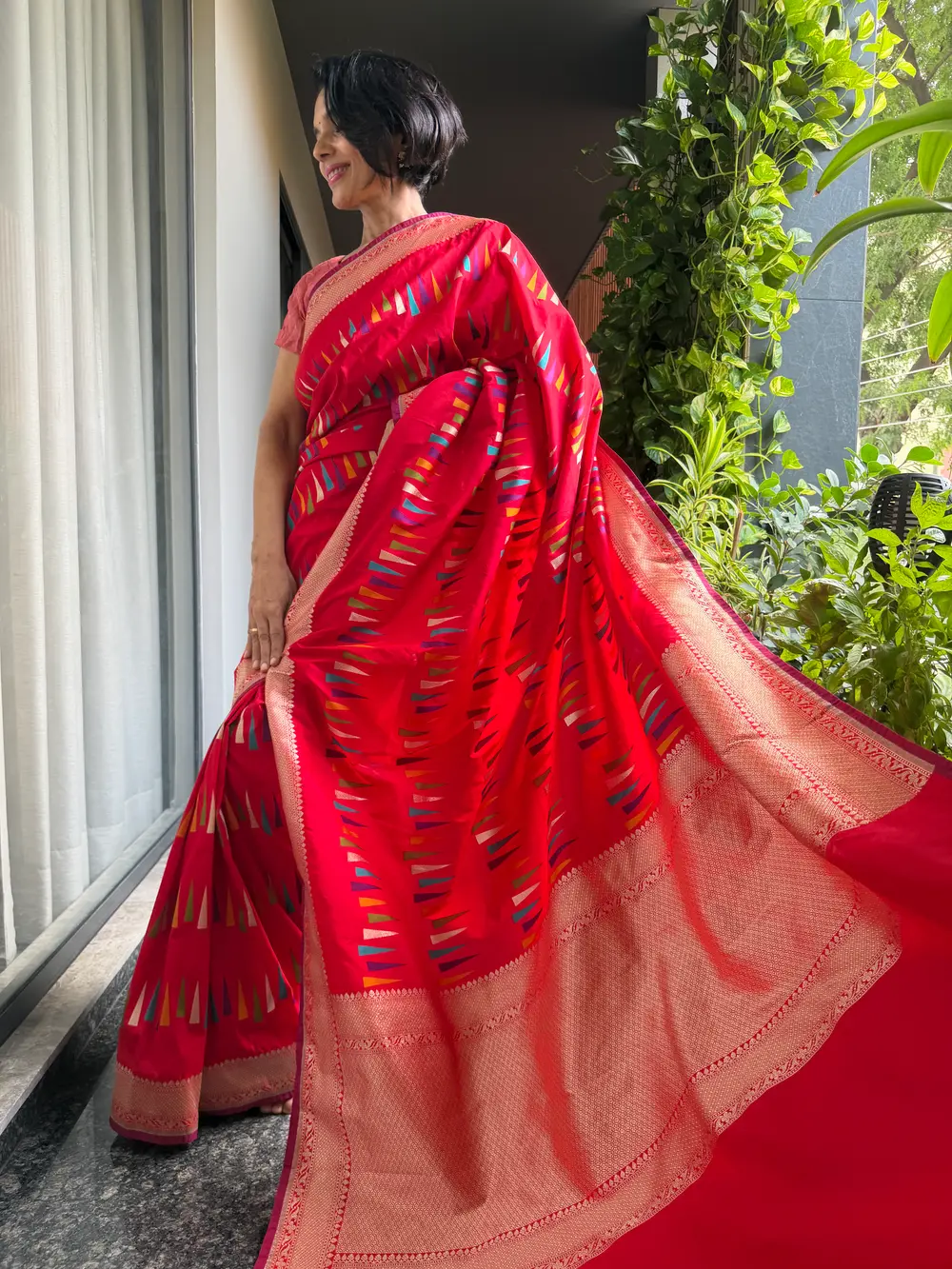 Red Ektara Katan Silk Multi-Meena Geometric Banarasi Saree — Banarasi, Ektara Katan Silk, Varanasi, Uttar Pradesh, view 6