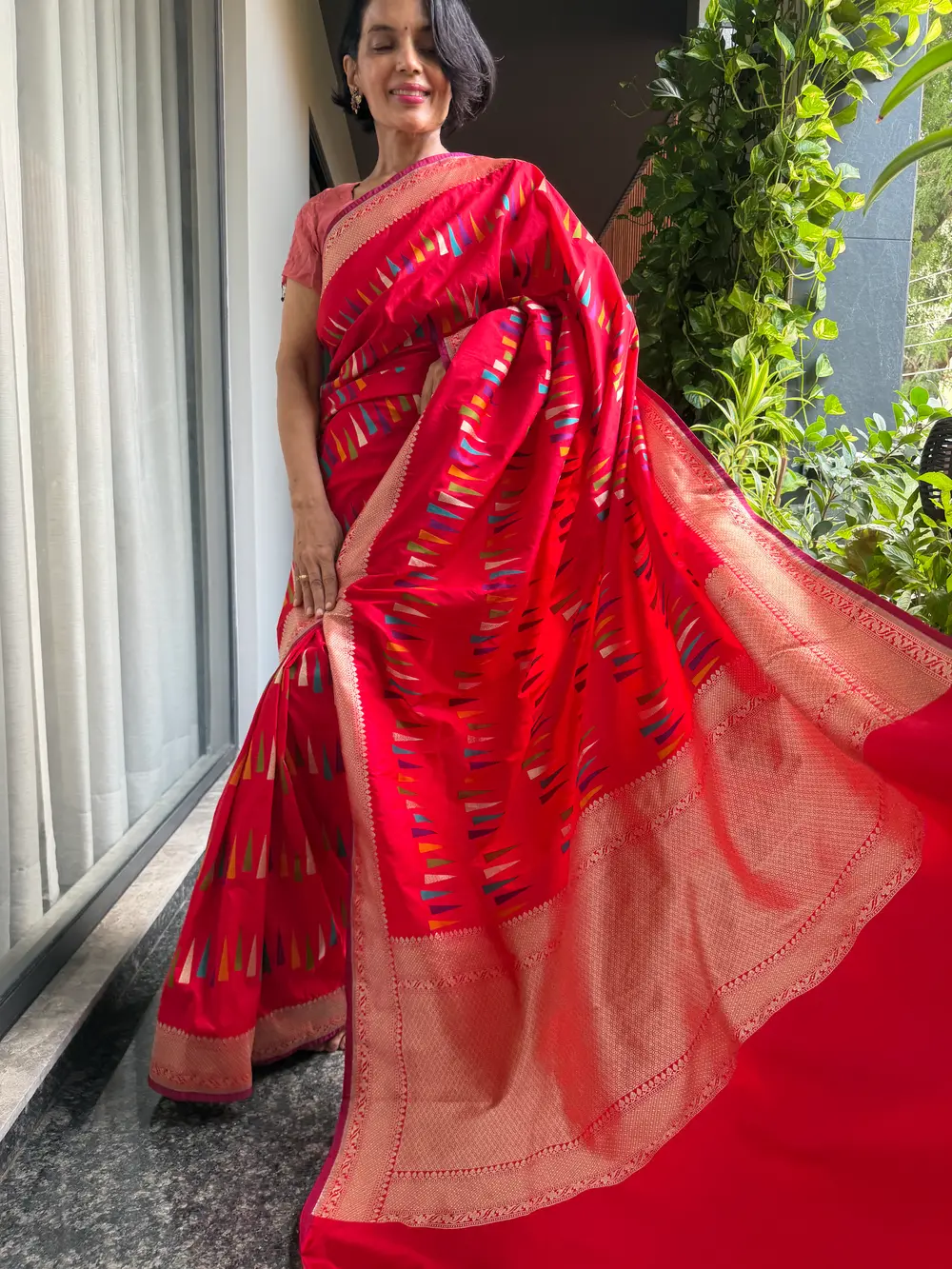 Red Ektara Katan Silk Multi-Meena Geometric Banarasi Saree — Banarasi, Ektara Katan Silk, Varanasi, Uttar Pradesh, view 5
