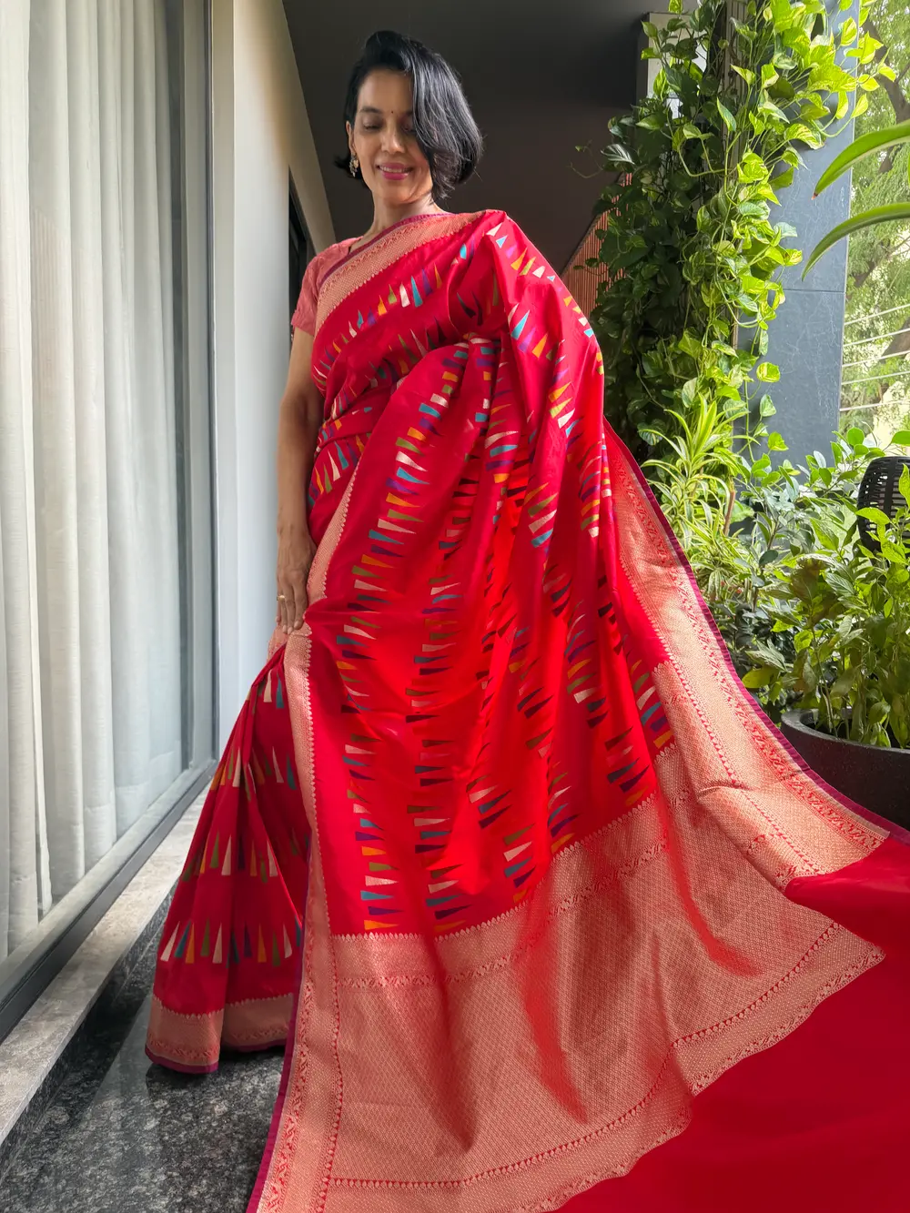 Red Ektara Katan Silk Multi-Meena Geometric Banarasi Saree — Banarasi, Ektara Katan Silk, Varanasi, Uttar Pradesh, view 4