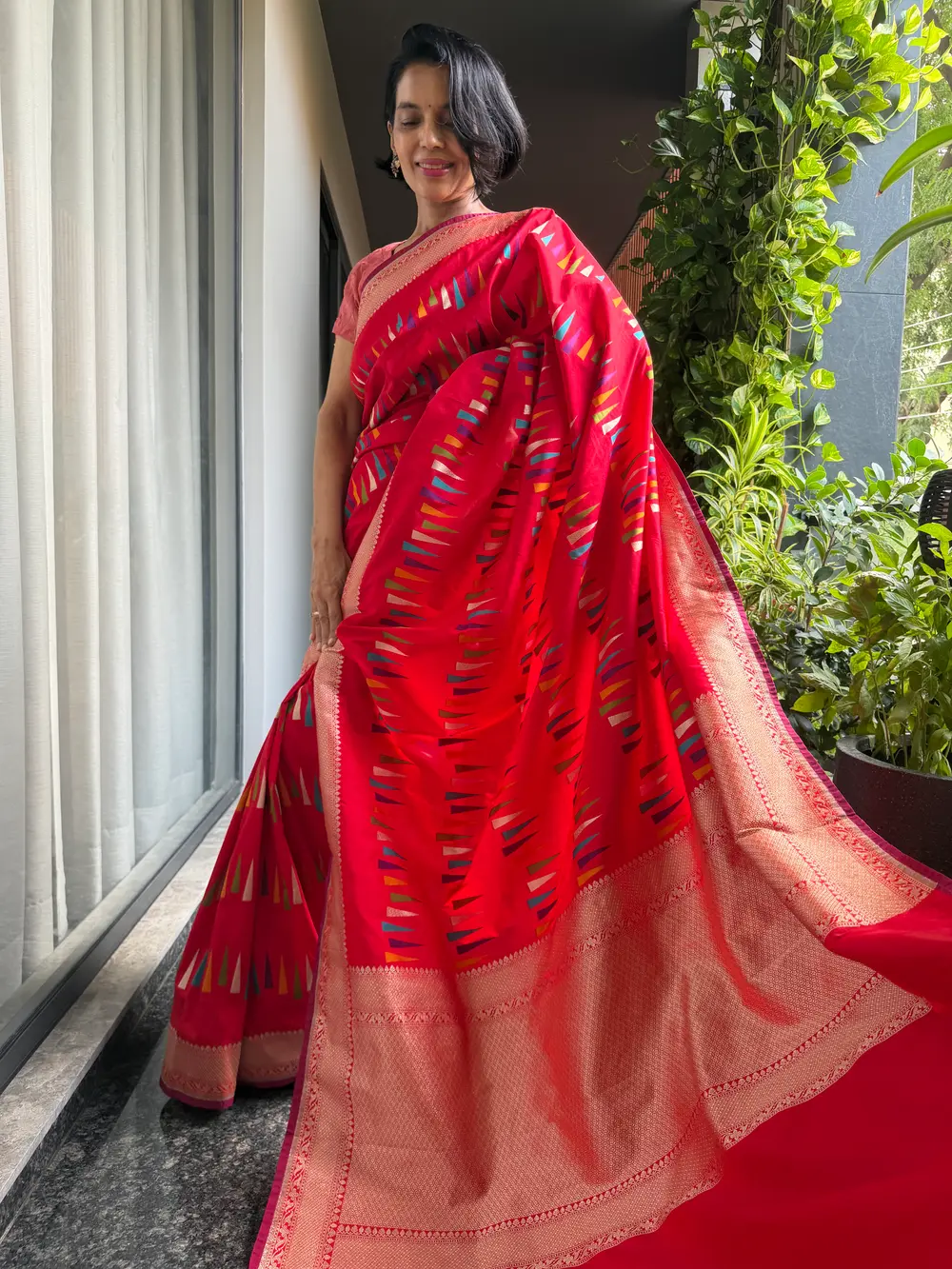 Red Ektara Katan Silk Multi-Meena Geometric Banarasi Saree — Banarasi, Ektara Katan Silk, Varanasi, Uttar Pradesh, view 3