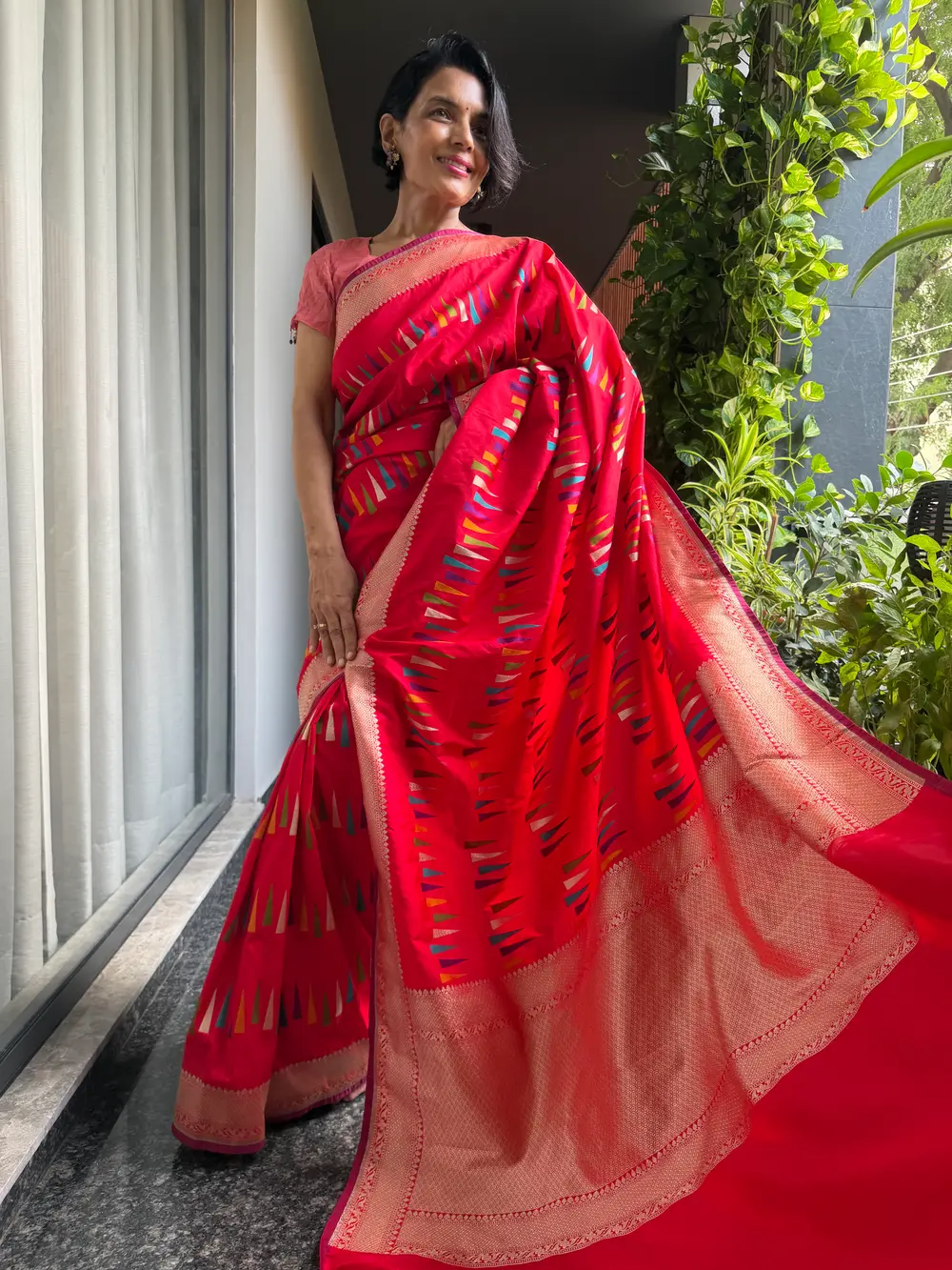 Red Ektara Katan Silk Multi-Meena Geometric Banarasi Saree — Banarasi, Ektara Katan Silk, Varanasi, Uttar Pradesh, view 2