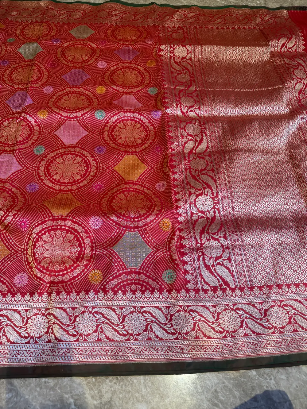 Scarlet Katan Silk Kaduwa Banarasi with Multi-Colour Meenakari — Banarasi, Pure Katan Silk, Varanasi, Uttar Pradesh, view 7